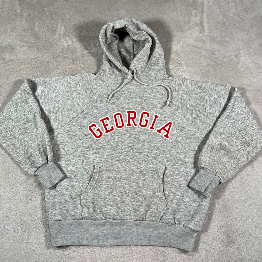 Vintage 80s Velva Sheen Georgia Hoodie Unisex Large Gray Sweatshirt Made in USA